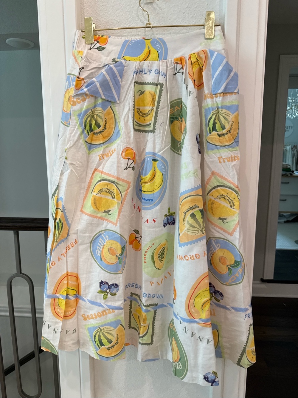 NWT Prosperina Fruit Print Linen Cotton Midi Skirt Medium Cottagecore Summer - Picture 2 of 5